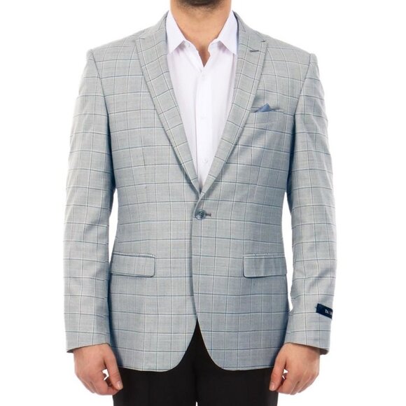 Light BlueWindowpane Peak Lapel Men's Jacket